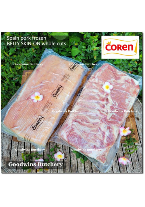 Pork BELLY SKIN ON samcan frozen Spain COREN DUROC SELECTA (fed w/ chestnuts) whole cuts +/- 5.5kg 20x10x2.5" (price/kg)